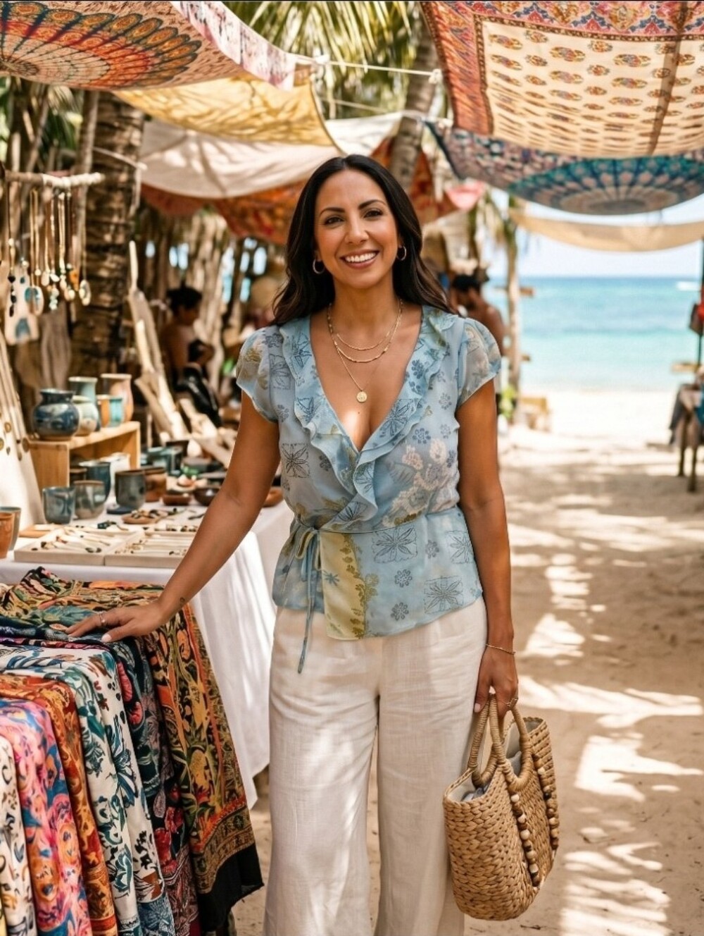 Light Blue Floral Wrap Top for Women